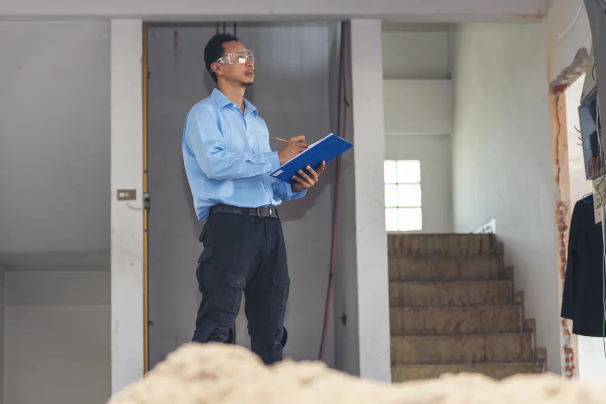 Home inspector with a clipboard checking a house before closing