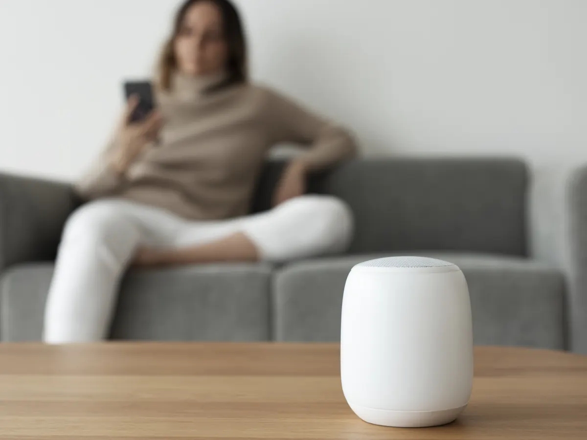 Smart home hub on a coffee table with a homeowner relaxing on the couch